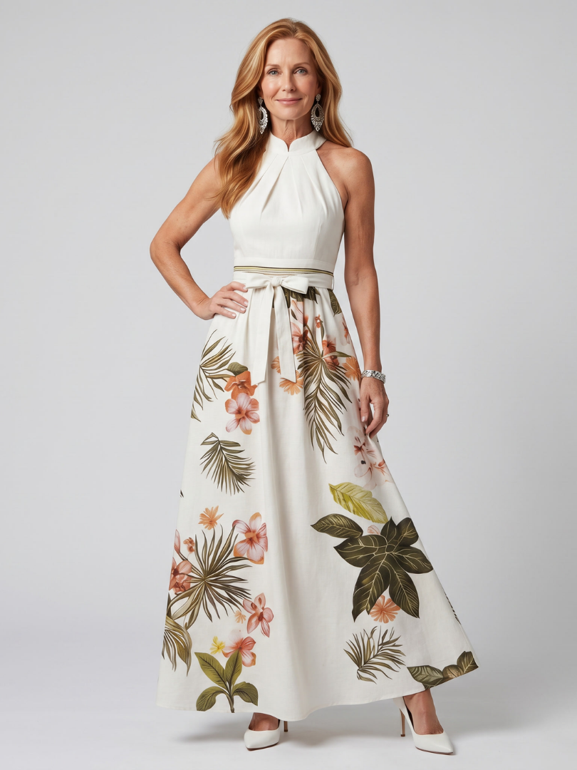 Malina™ – Sukienka maxi halter z botanicznym wzorem