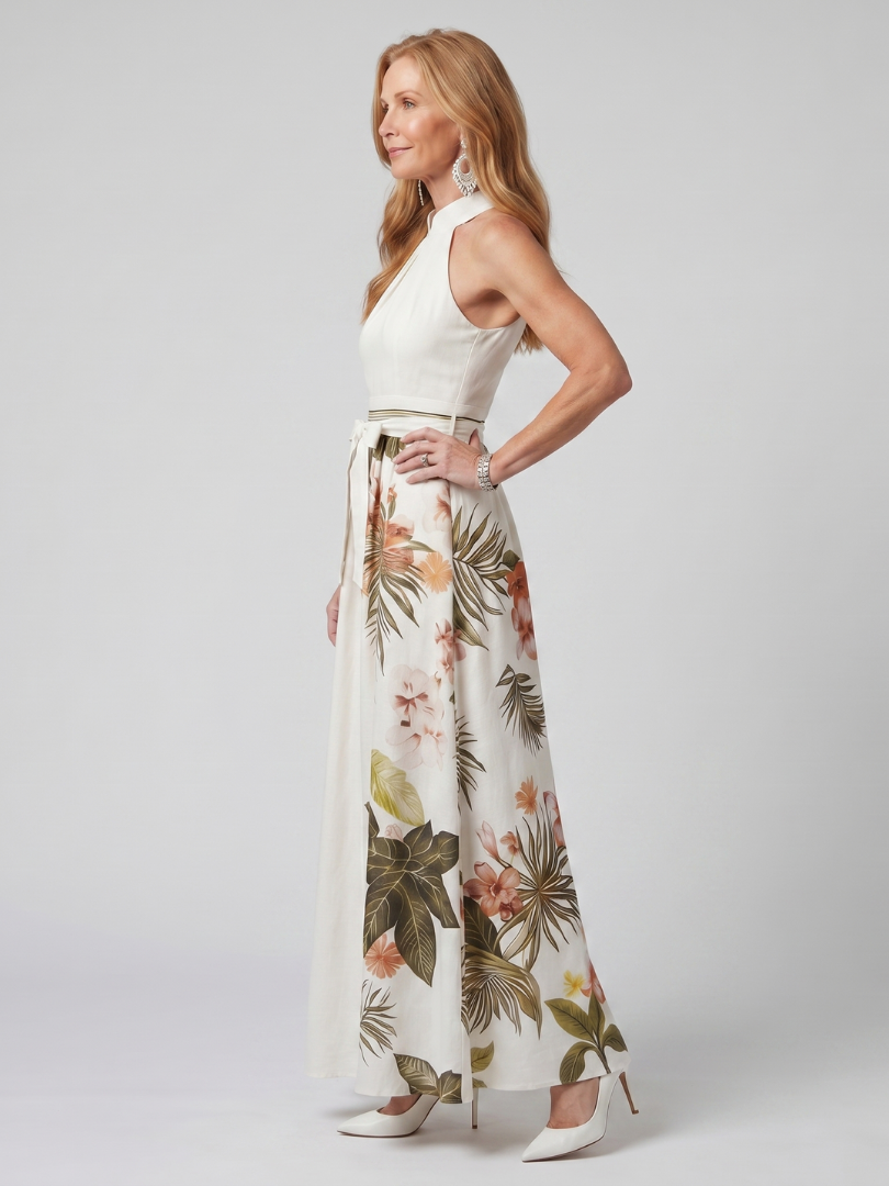 Malina™ – Sukienka maxi halter z botanicznym wzorem