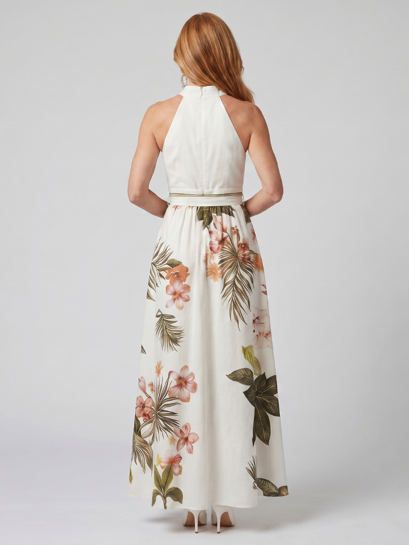 Malina™ – Sukienka maxi halter z botanicznym wzorem