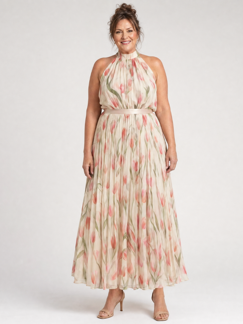 Lidia™ – Sukienka midi w kwiaty z dekoltem halter